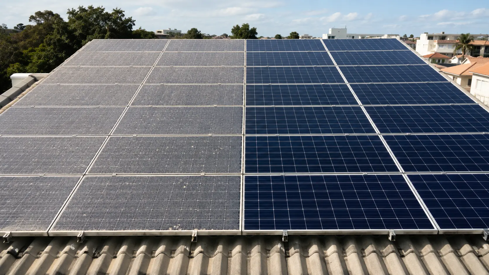 Comparação de painéis solares antes e depois da limpeza técnica
