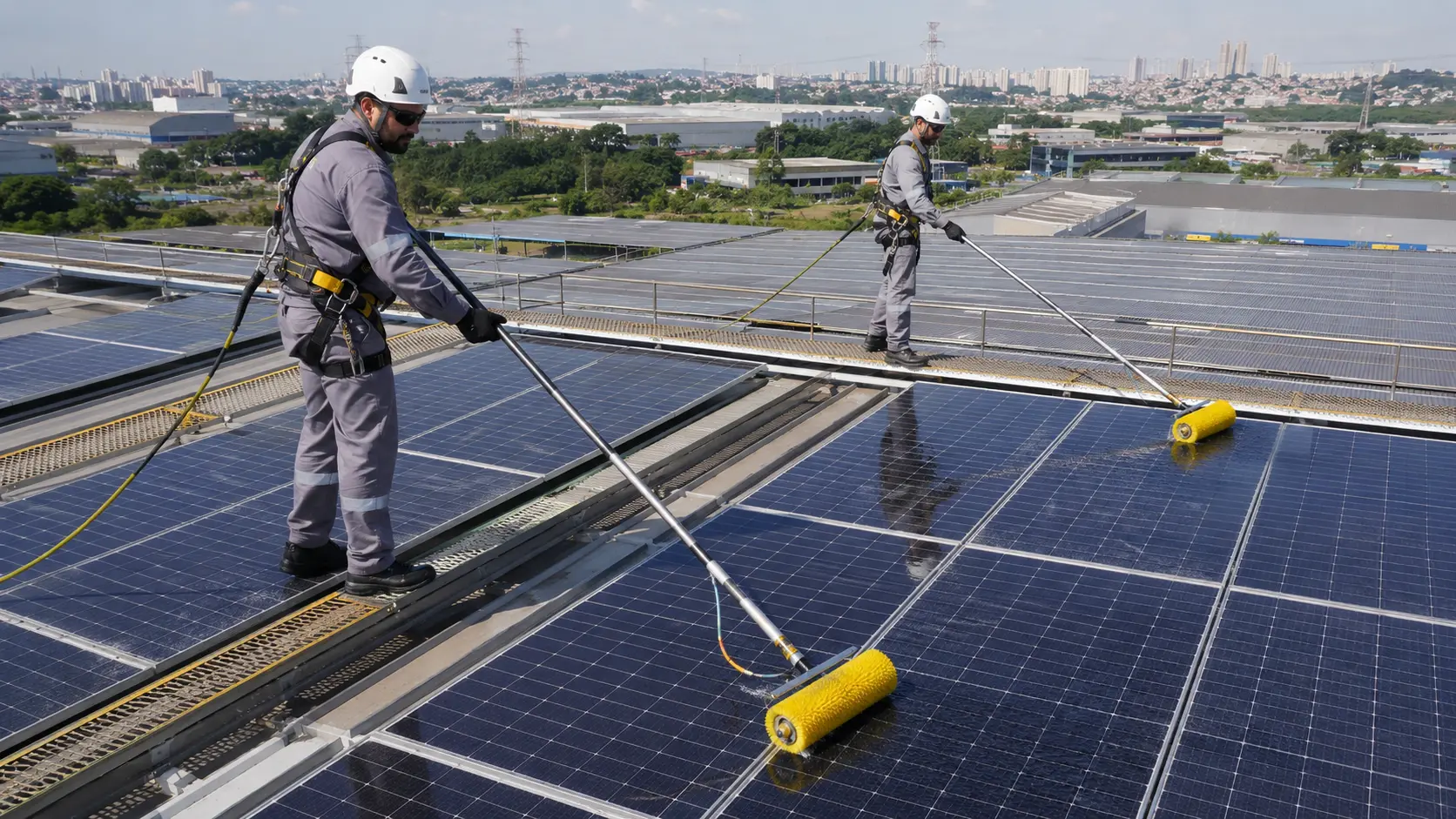 Equipe realizando limpeza de sistema fotovoltaico em galpão comercial