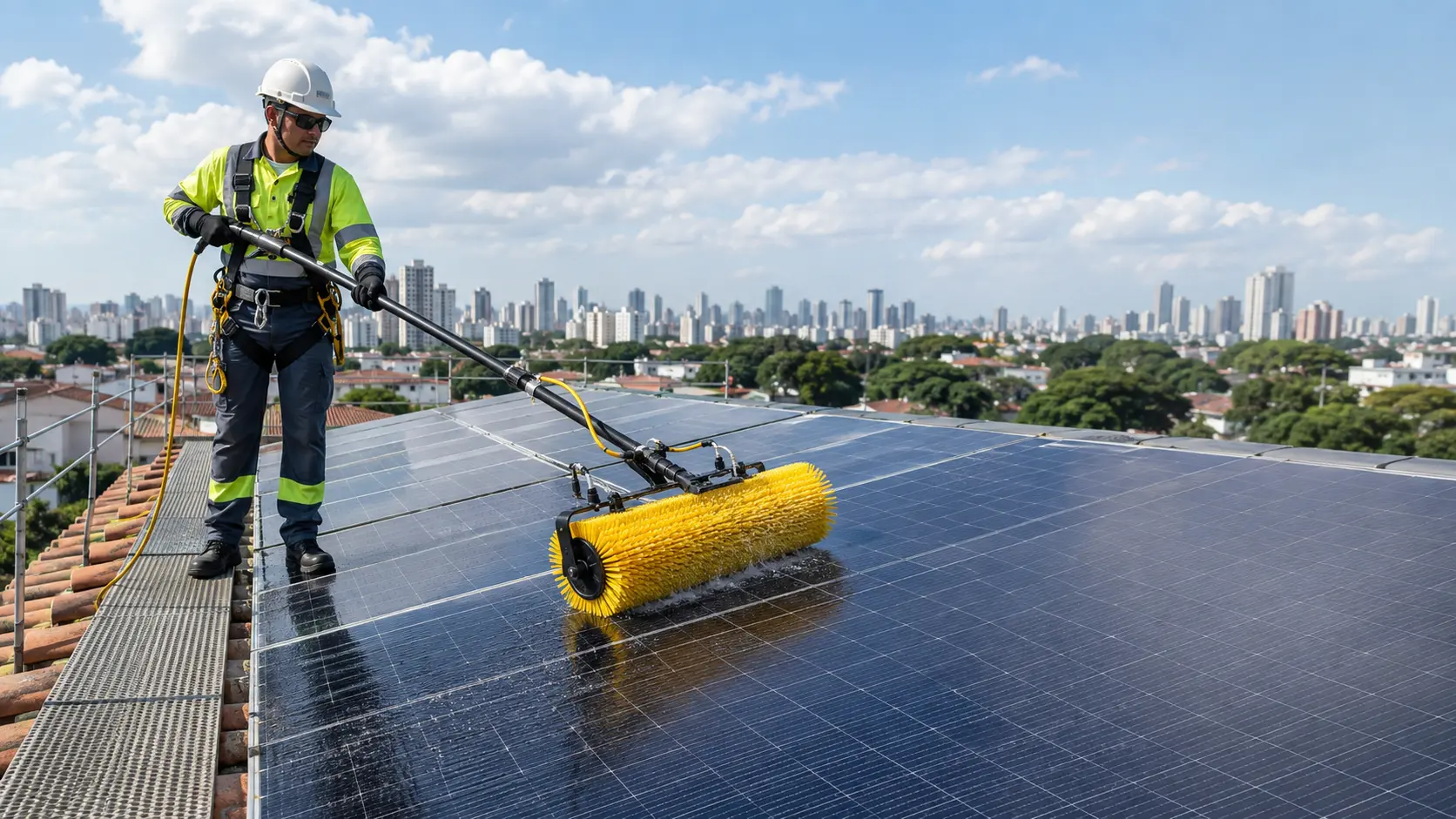 Técnico realizando limpeza técnica de placas solares em telhado residencial